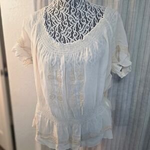 Peasant Blouse Smocked Ruffle Top Womens Large White Ivory‎ Embroidered Boho